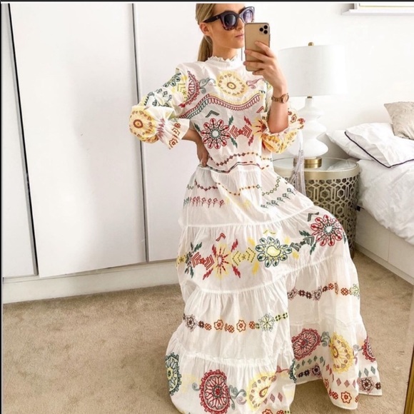 Zara New Embroidered Dress Oyster White 